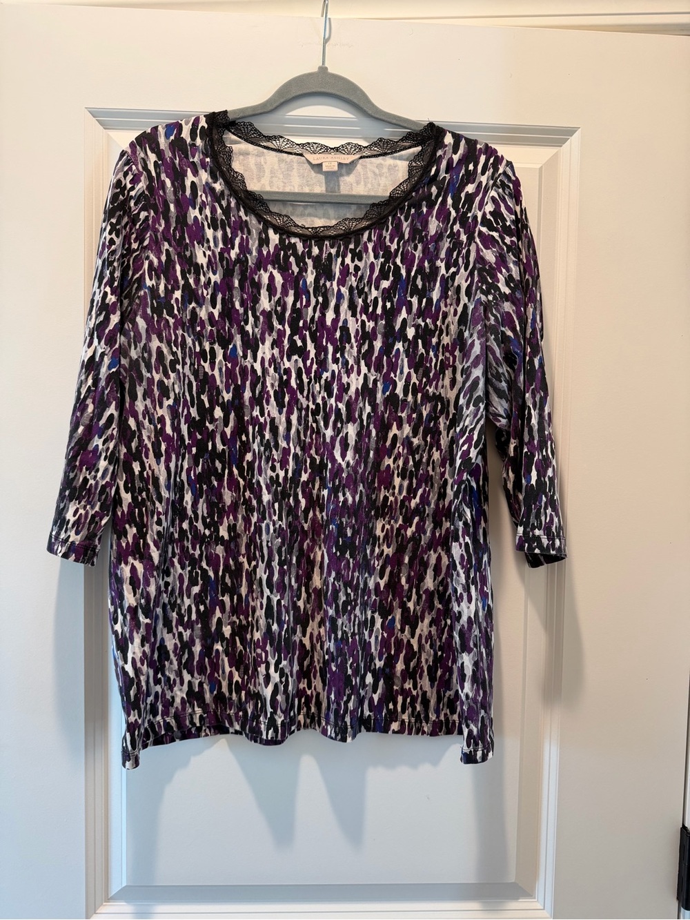 Laura Ashley Purple and Black Leopard-Print Long Sleeve Top with Lace Trim